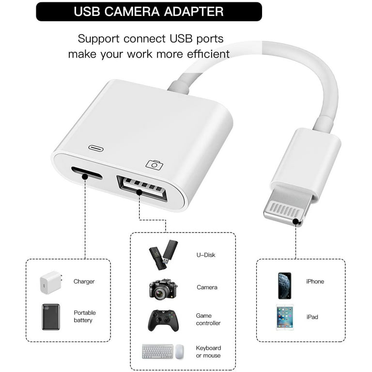 Endeløs Betaling sød Lightning Male to USB Female Adapter ( Apple MFI Certified)OTG and Charger  Cable for iPhone 14/13/ 12/11 Mini max pro xs xr x Ipad air Camera Memory Stick  Flash Drive Cord Converter