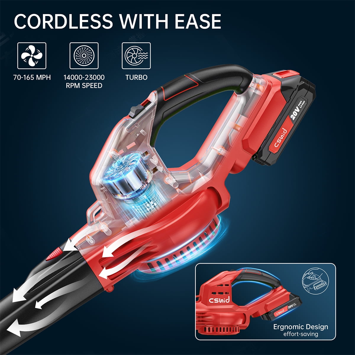 Cordless Leaf Blower, 20V Handheld Electric Leaf Blowers with 2 x Battery & Charger, 2 Speed Mode, 320CFM 165MPH, Lightweight Battery Powered Leaf Blowers for Leaf/Snow/Dust Blowing, Red