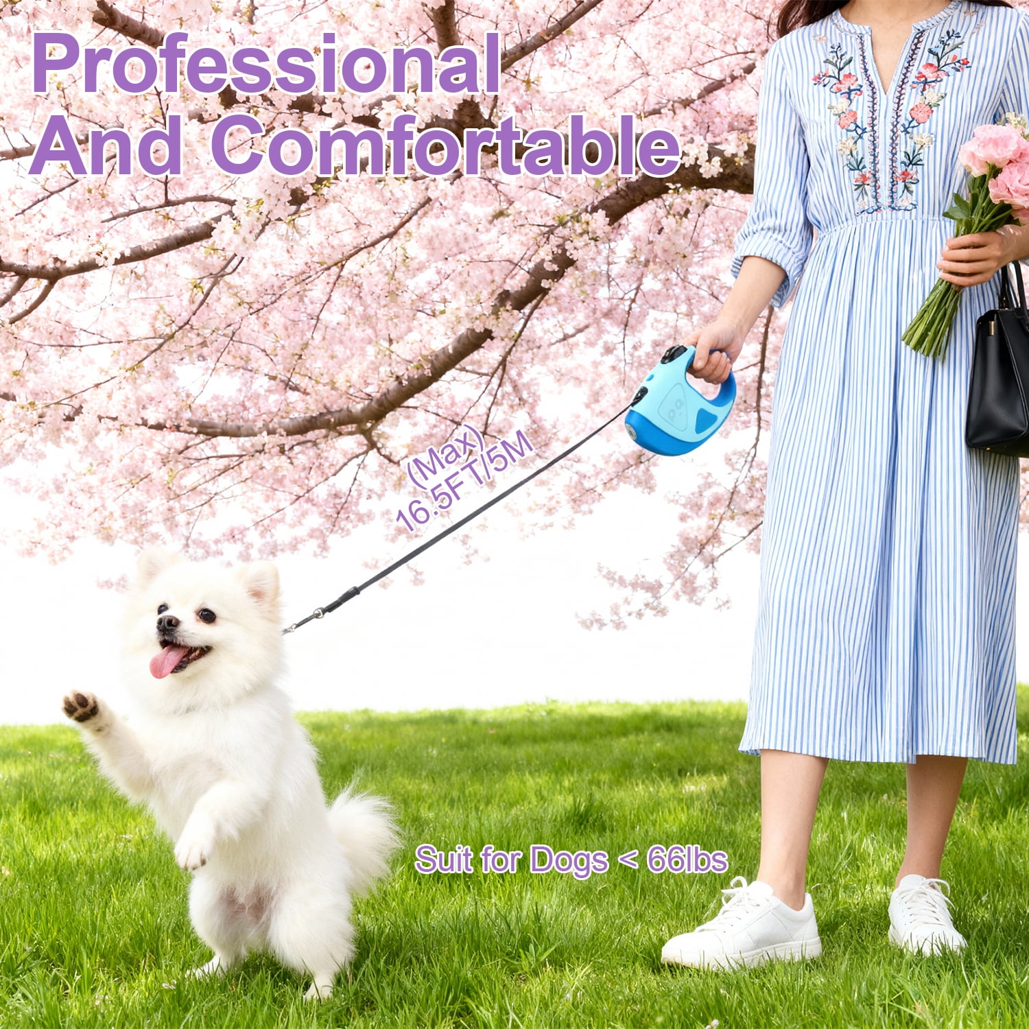 16Ft Retractable Dog Leash w/ LED Flashlight,ABCPOW Lightweight Pet Leash for Small Medium Dogs Up to 66 lbs,Anti-Slip Handle,Stainless Metal Spring Strong Nylon Tape,Tangle Free,One-Handed Brake