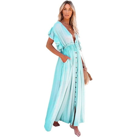 Kukuzhu Women Beach Cover Up Waist Boho Rope Dress Bikini Swimsuit Slubbed Button Pockets Holiday Sun Proof Tunic Gown