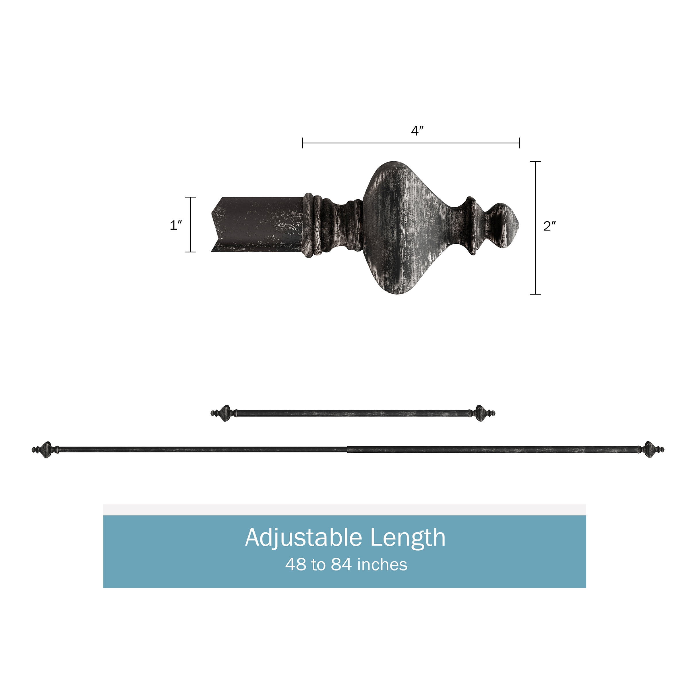 Lavish Home 1-inch Curtain Rod with Turned Finials for Windows 48-84" (Antique Black)