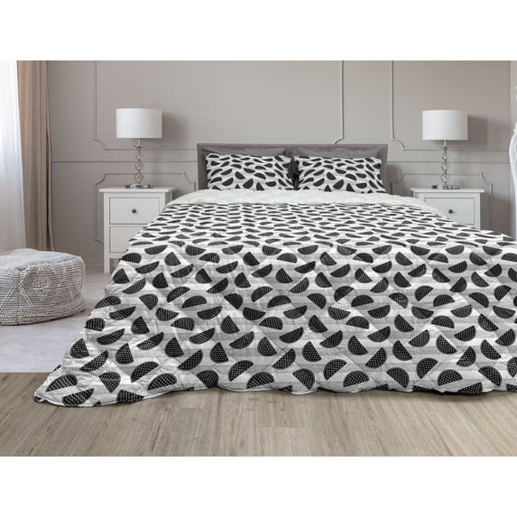 Monochrome Comforter & Sham Bedding Set, Abstract Ripe Watermelon Slices and Strips with Dots Illustration, 3 pcs Duvet Set Microfiber Filling Quilt, 5 Sizes, Charcoal Grey and White, by Ambesonne