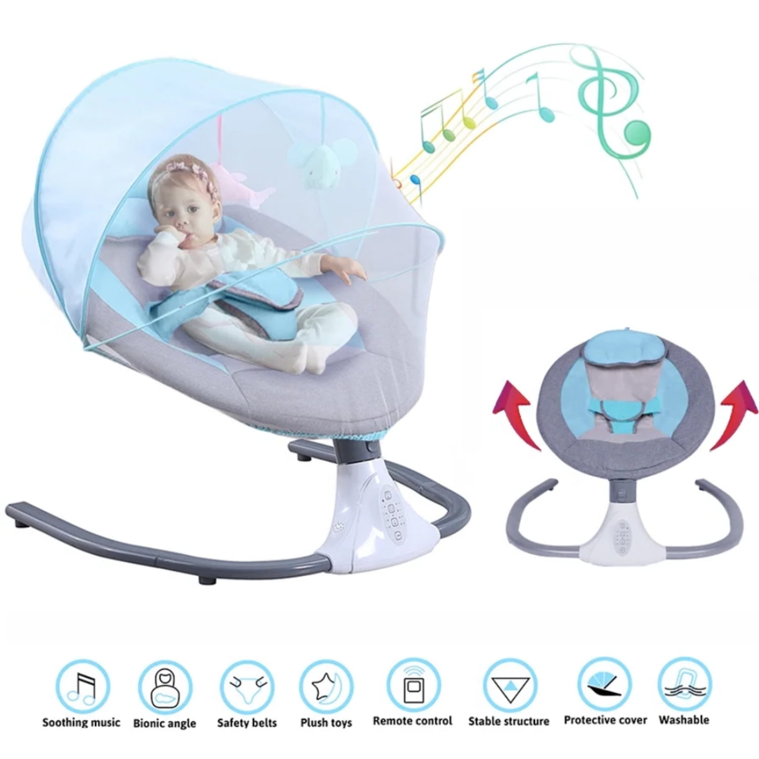BEJOLO Electric Baby Swing for Infants, Portable Baby Bouncer with Remote Control,bluetooth Music, Blue