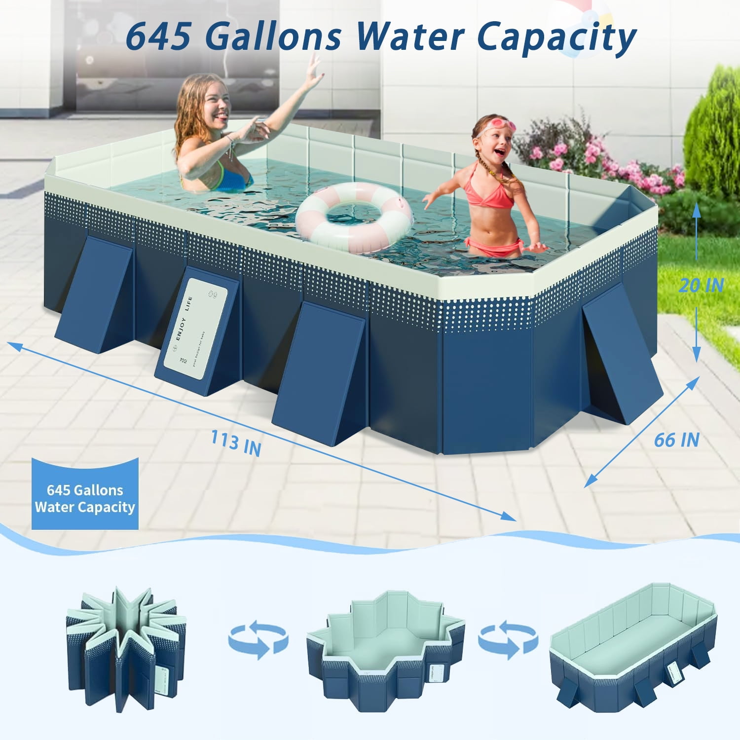 KFeng Blue Foldable Family & Kids Swimming Pool,Metal Frame,Non - Inflatable (113×66×20 in)