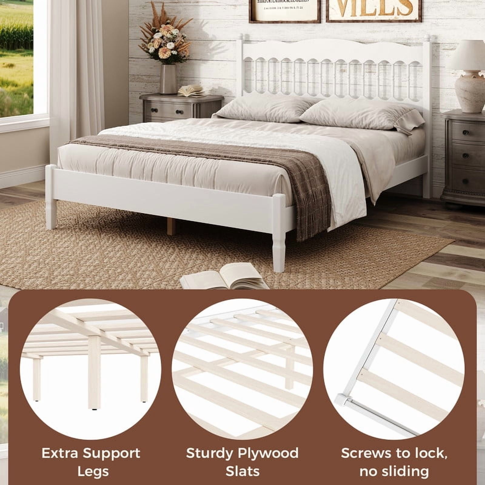 Queen Size Retro Countryside Style Wooden Bed Frame with Spindle Headboard, Low Profile Platform Bed with No Box Spring Required