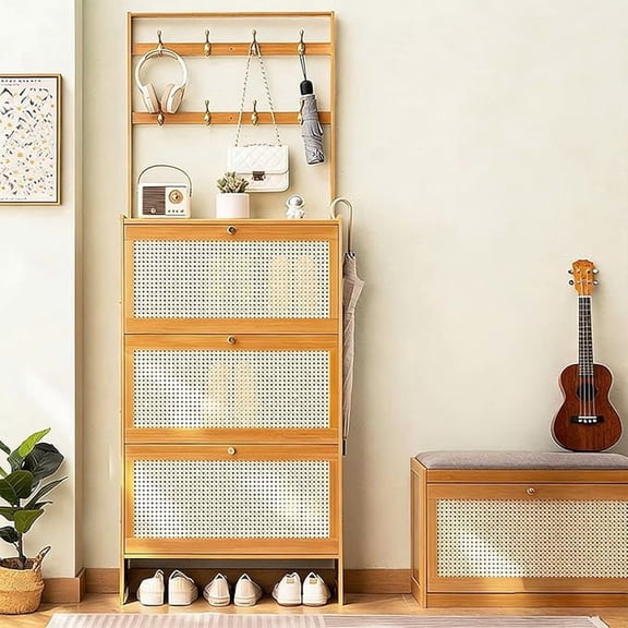 Shoe Storage Cabinet Narrow Rattan Flip Drawers with Coat Hooks, Shoe Rack for Entryway with Storage, Freestanding Shoe Cabinet Storage for Entryway Tall, Hallway (Natural)