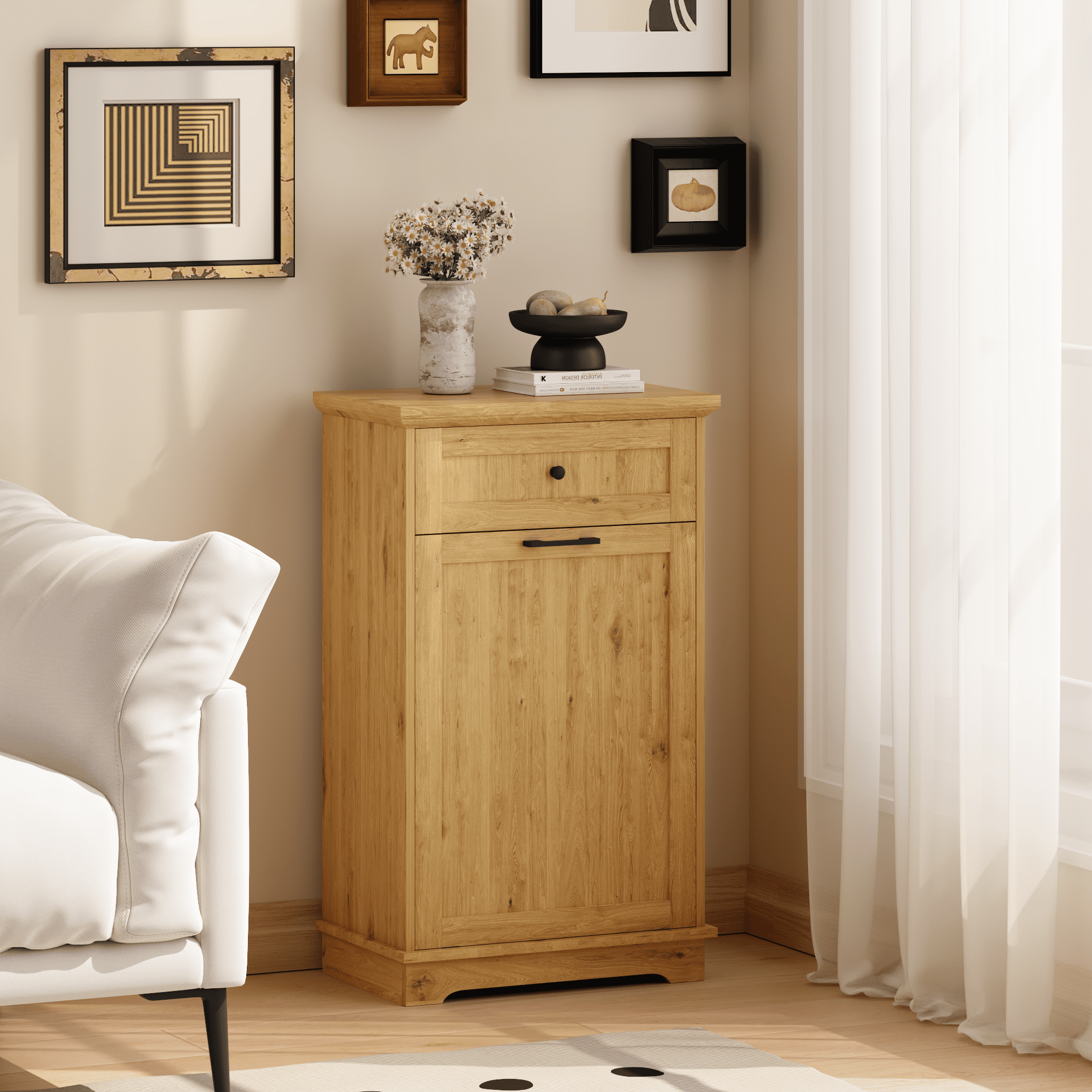 10 Gallon Tilt Out Trash Cabinet Freestanding Trash Bin Cabinet Wood Garbage Recycling Cabinet with Hideaway Drawer Pet Proof Trash Can Holder for Kitchen Living Room, Natural (not include can)