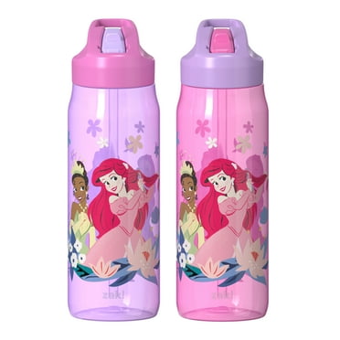 Zak Designs 20oz Princess Kids Straw Water Bottle, Durable Plastic Renton Bottle with Flip Top and Handle, Set of 2
