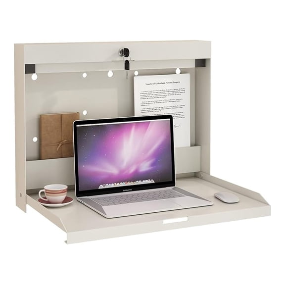 Foldable Wall Desk with 20" W x 13" D Work Surface, Fold Down Floating Wall Mounted Laptop Computer Table, Lockable Industrial Shop Corner Folding Workstation for Office & Factory, White