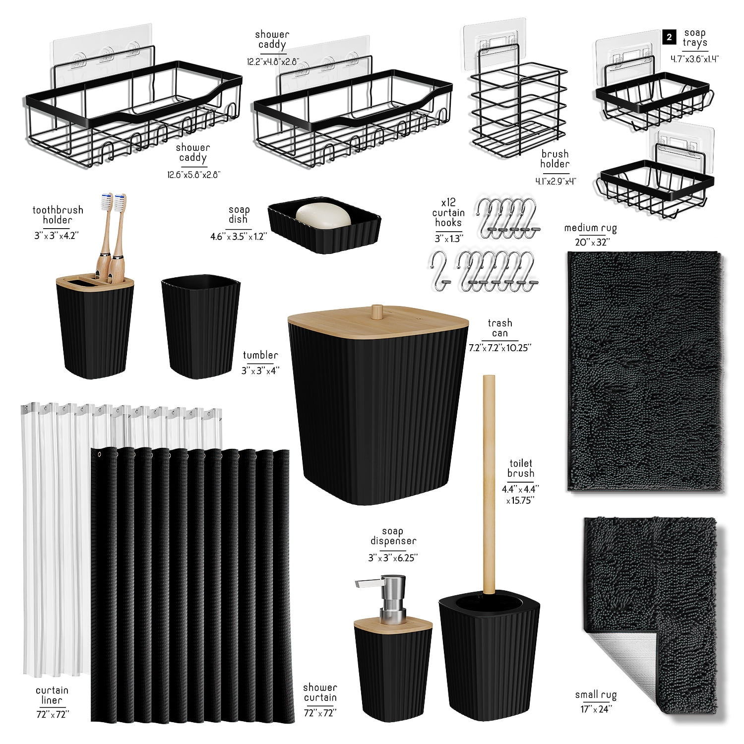 Hearth & Harbor 27 Piece Bamboo Bathroom Sets, Black Bathroom Accessories Set with Bathroom Rugs and Shower Caddy Set
