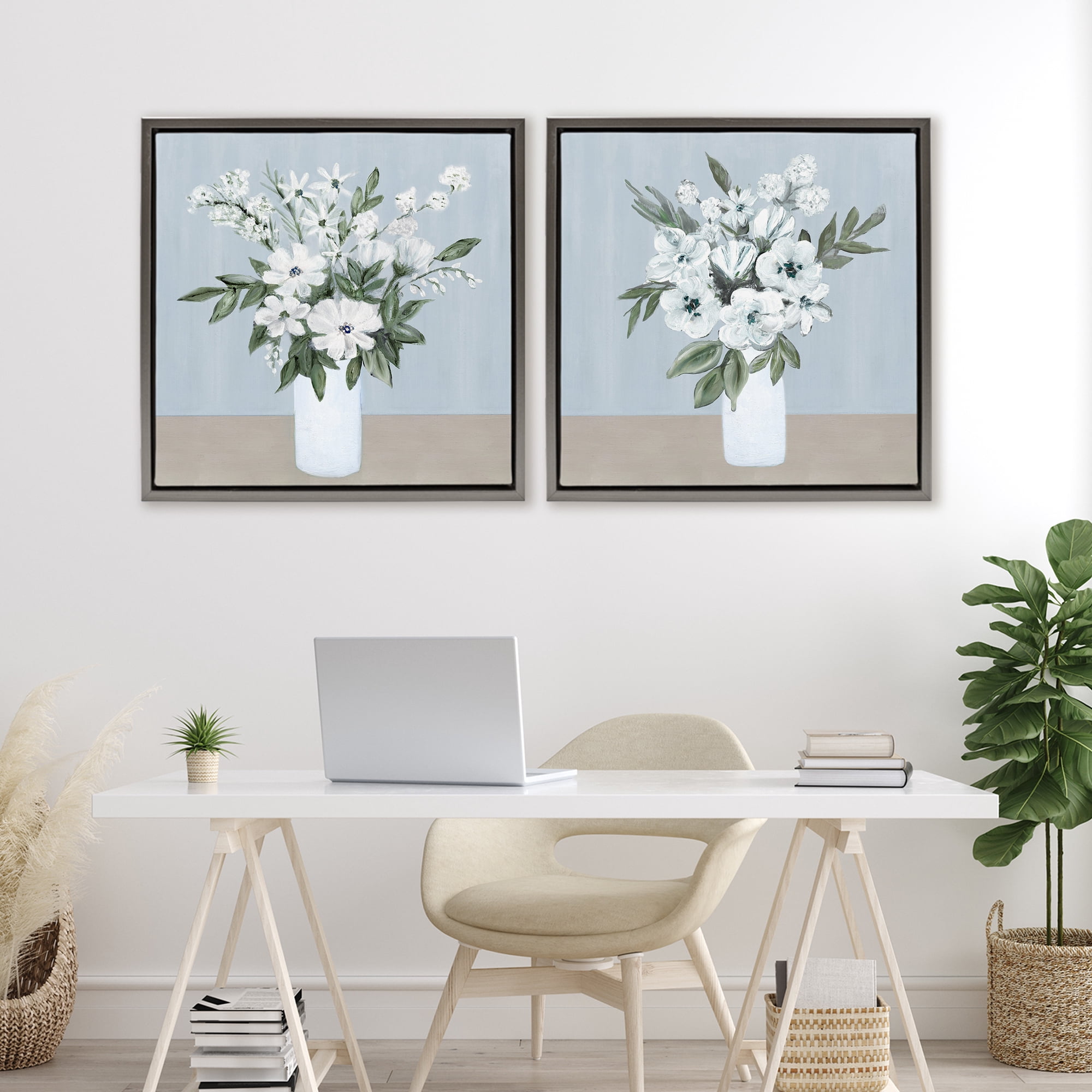 Stupell Industries Mixed White Blossoms 2 Piece Gray Framed Floater Canvas Set, design by Marilyn Dunlap