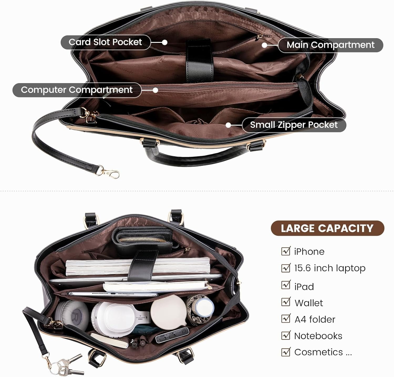 LOVEVOOK Laptop Tote Bag for Women 15.6 Inch Waterproof Leather Computer Bags Business Office Work Briefcase Black