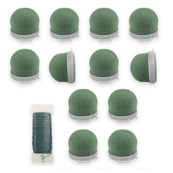 12Pcs Mini Floral Foam Holder Floral Foam Round with Floral Wire Floral Foam Blocks for Table Wine Bottle Hat Décor,12 x Floral Foam 1 Roll x Green Floral Wire,Green