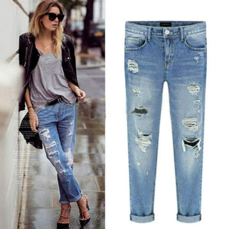 Womens Ripped Hole Straight Boyfriend Jeans Vintage Distressed Denim Skinny Long Pants Faded (Best Rated Boyfriend Jeans)