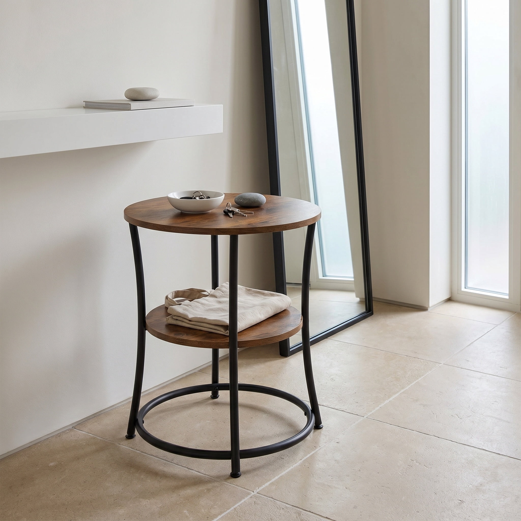 21.7 in. Rustic Brown and Ink Black Round 2-Tier Side Table with Industrial Steel Frame