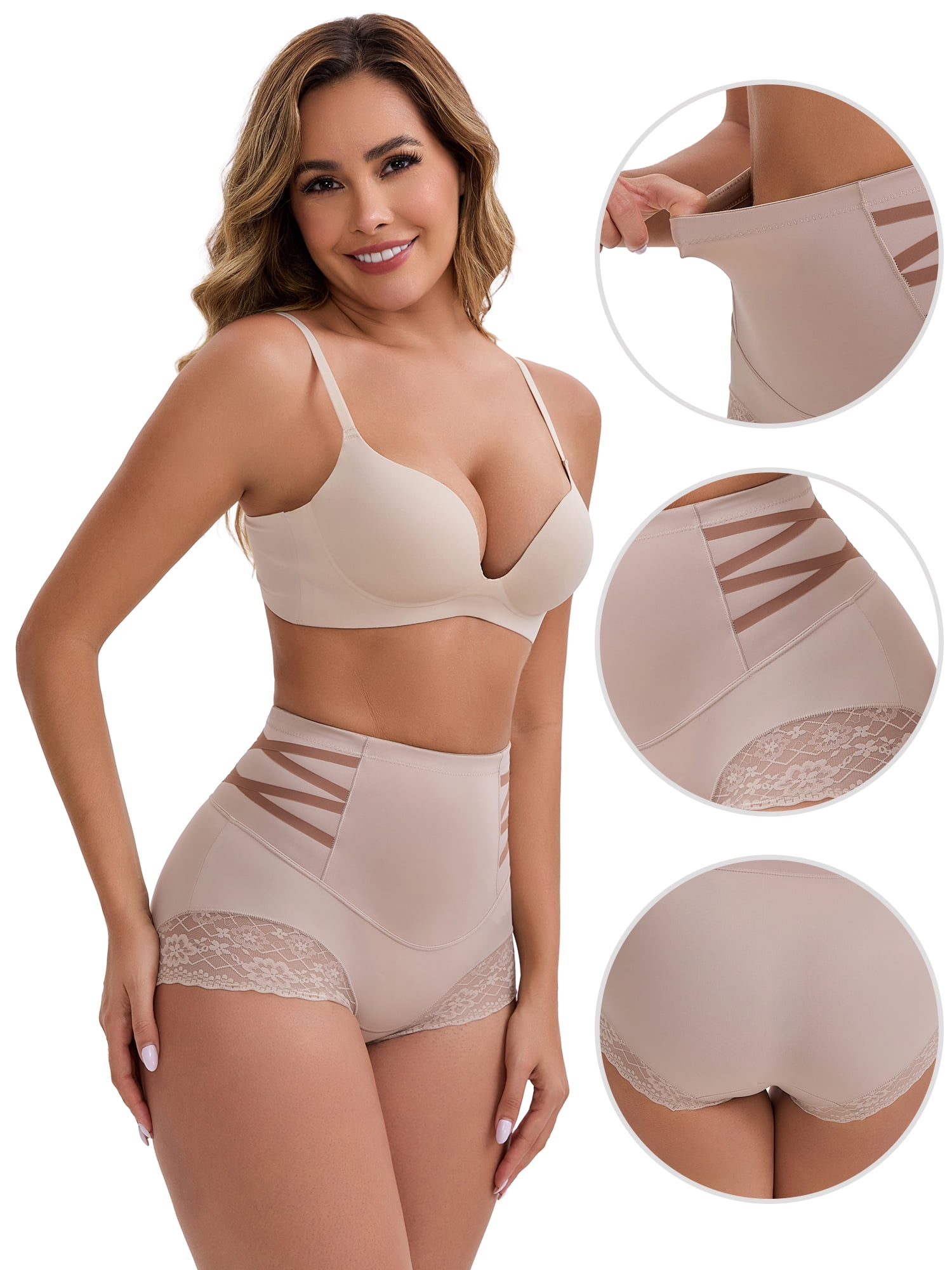 DARING DIVA Women's High-Waisted Tummy Control Briefs Lace Trim M Light Brown