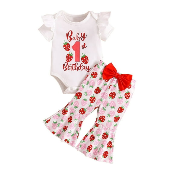 Coerni Baby Girls Short Sleeved Jumpsuit Strawberry Print Red Flared Pants With Hairband Set Girl Casual Outfit 3 6 9 12 18 Months