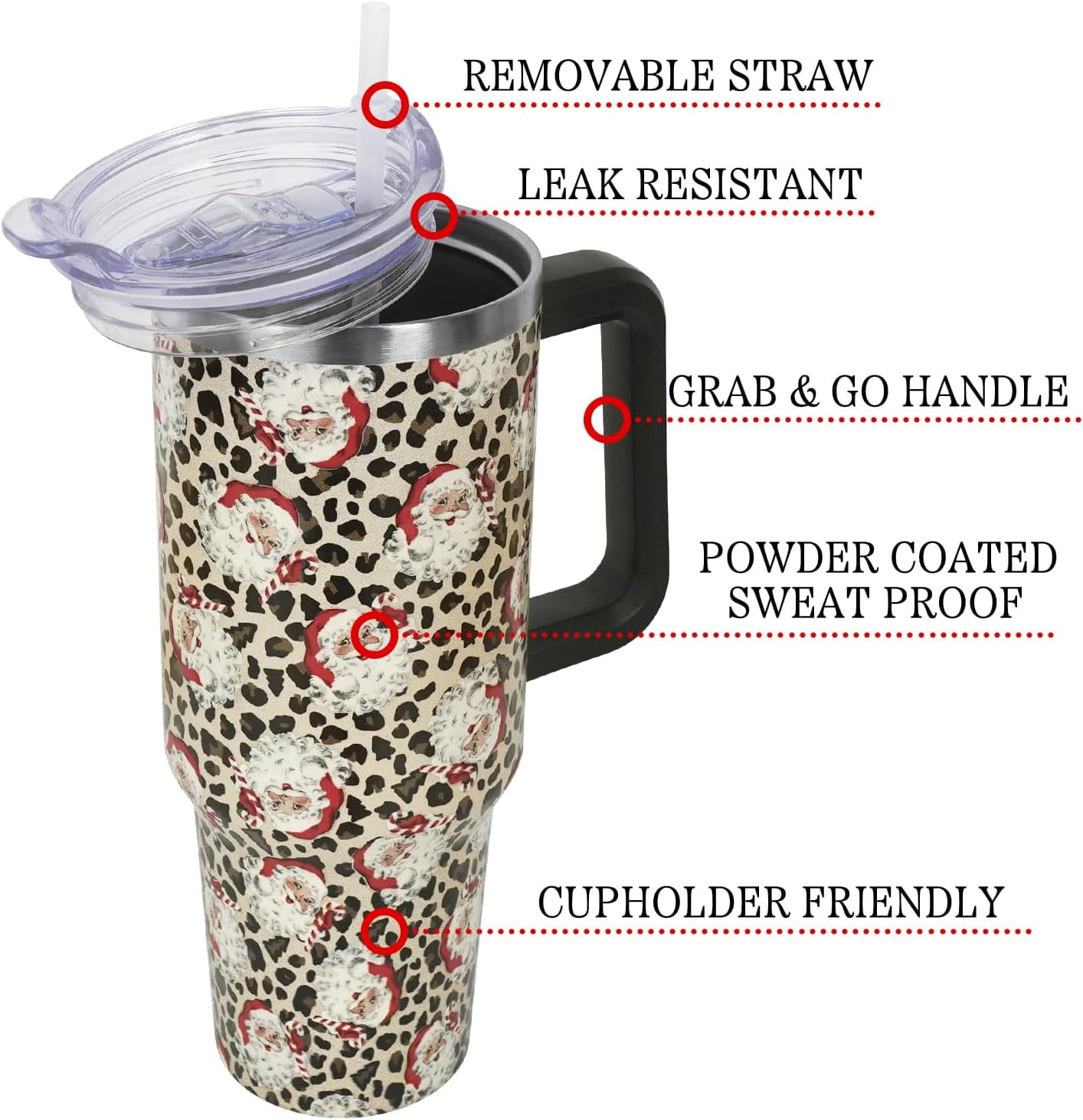 Christmas Santa Leopard Tumbler with Handle and Straw Lid 40 oz,Cute Christmas Gifts for Women Vacuum Insulated Leak Proof Tumbler,Winter Holiday Accessories Stainless Steel Coffee Cup Mug