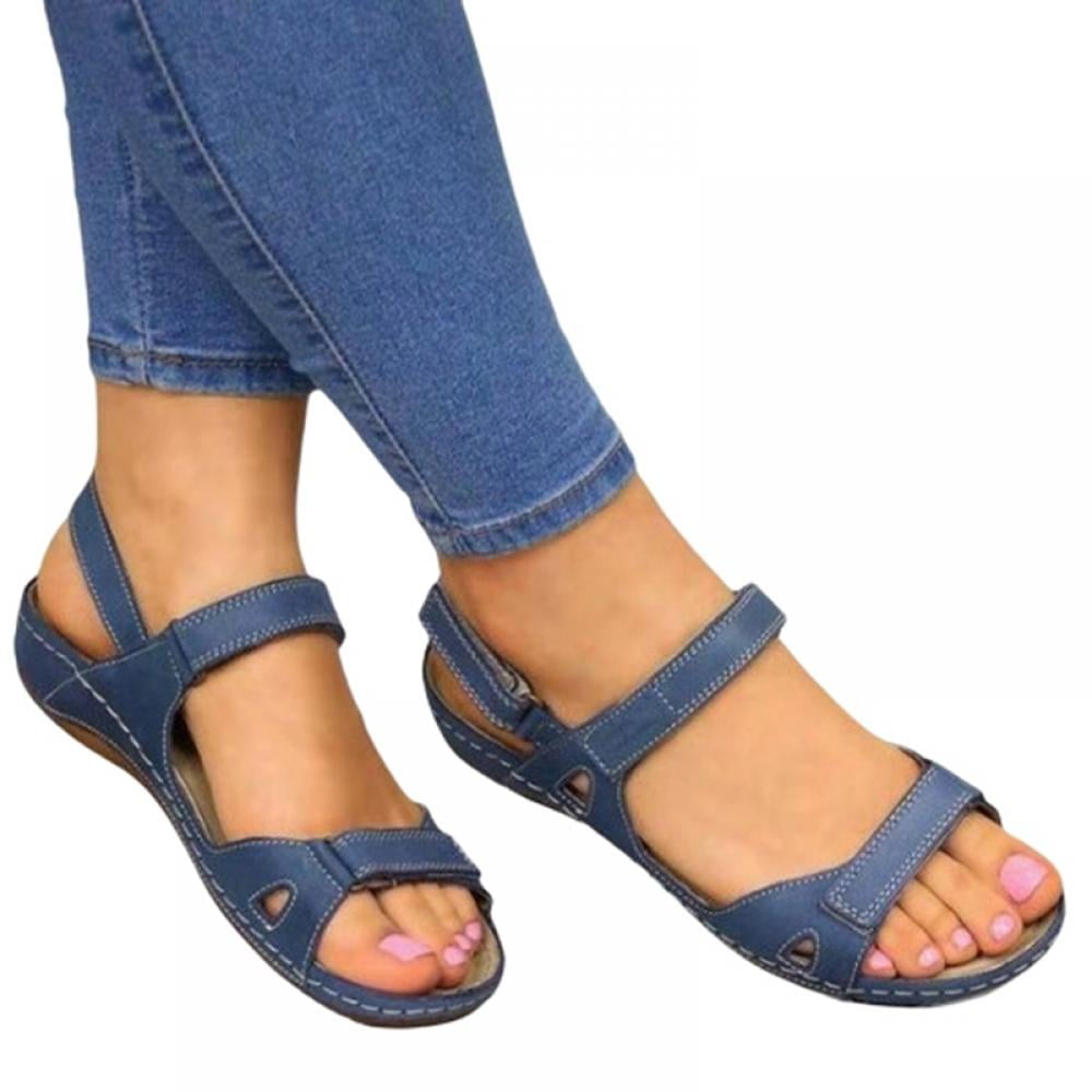PU Leather Soft Sandals for Plantar Beach Flip Flops Toe Post Sandal Women Comfy Platform Sandal Shoes Summer Beach Travel Shoes Ladies Orthotic Sandals with Arch Support