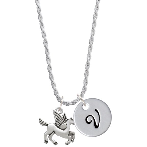Delight Jewelry Silvertone Medium Pegasus Silvertone Script Initial Disc - V - Charm Necklace, 20"+3"