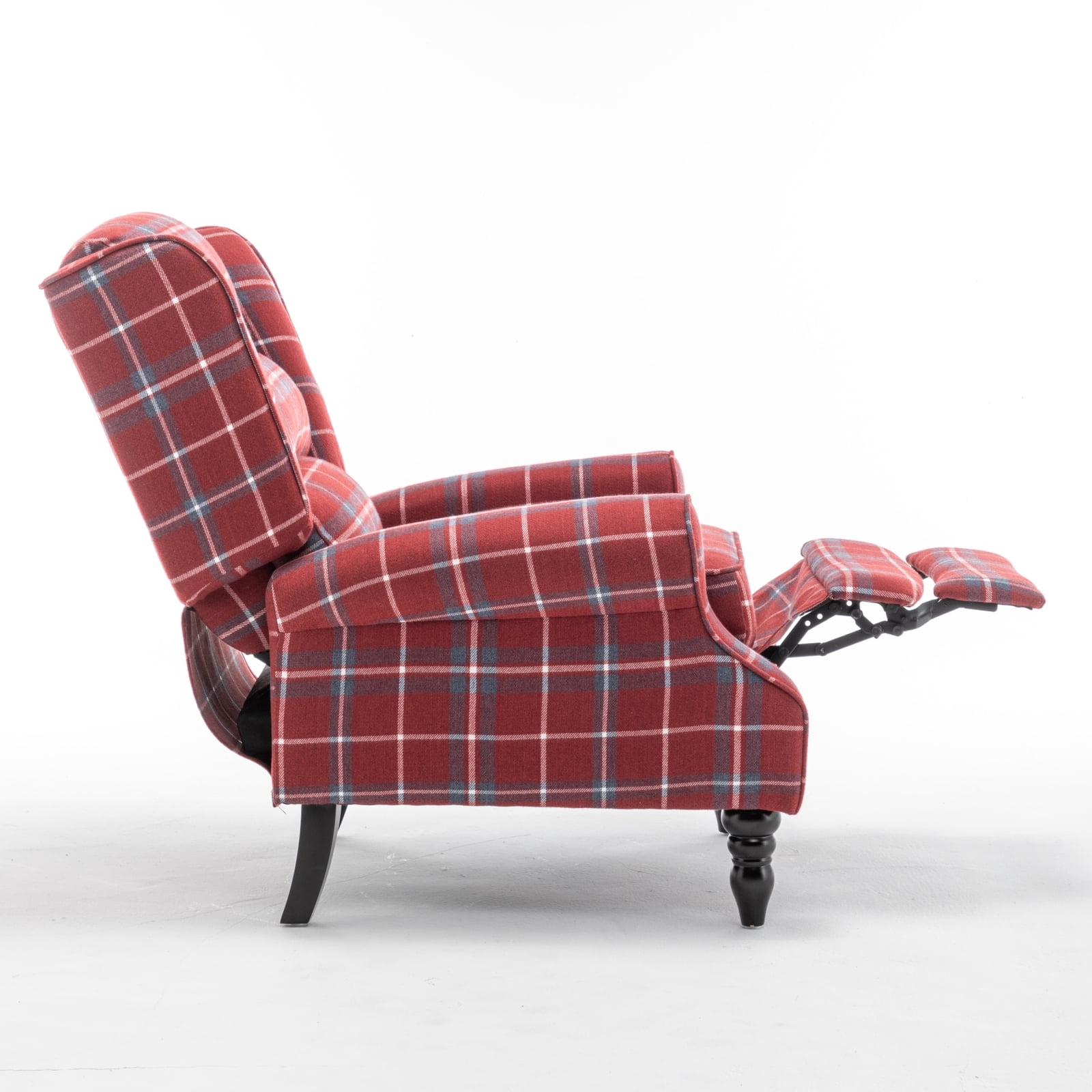 Upholstered Wingback Recliner Chair, Plaid Recliner Chair Armchair Adjustable Footrest Push Back Reclining Sofa, Mid Century Modern Lounge Armchair for Living Room, Bedroom, Reading -- Blue