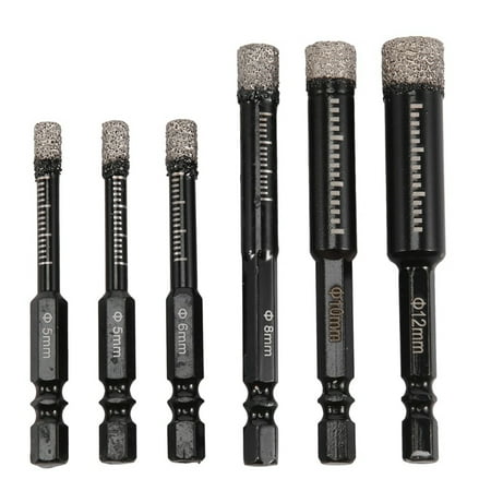 

6Pc Black Dry Diamond Drill Bits Set for Granite Ceramic Tile Stone Glass Hard Materials 5/6/8/10/12mm