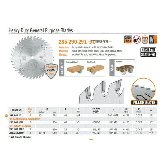 CMT 285.640.10 Orange Chrome General Purpose Blade 10" x T40 HiATB,D 10 254mm | T 50 | B 5/8 | K .126 | P .087