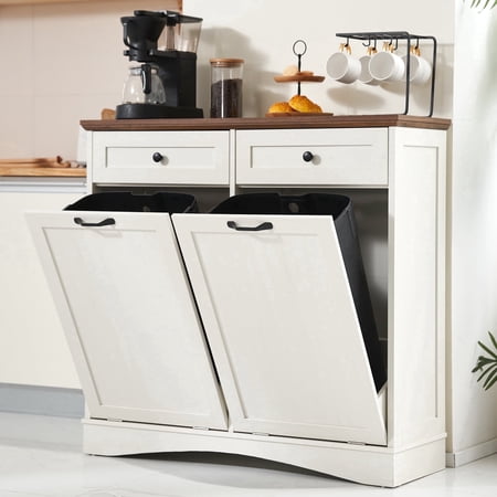 HARIPUL Double Tilt Out Trash Cabinet, 26 Gallon Trash Can Cabinet with Drawers & Handles for Kitchen, White/Dark Brown Top