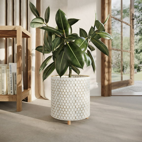Honeycomb Metal Planter Pot With Peg Base - White & Gold - 10.75"H x 10.25"W