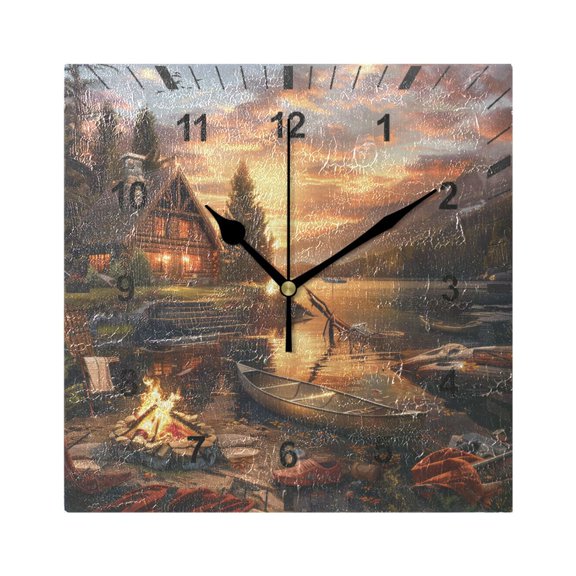 Lake House Campfire Boat Wall Clock Battery Operated Silent Non-Ticking Bedroom Office Kitchen Home School Decor 7.8"(Black)