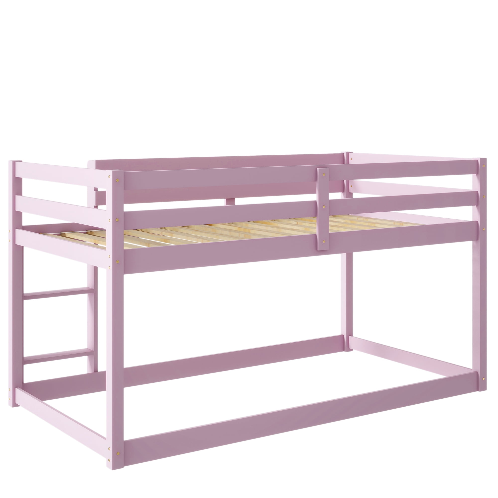 Miniyam Wood Twin over Twin Floor Bunk Bed with Ladder and Guardrails, Pink