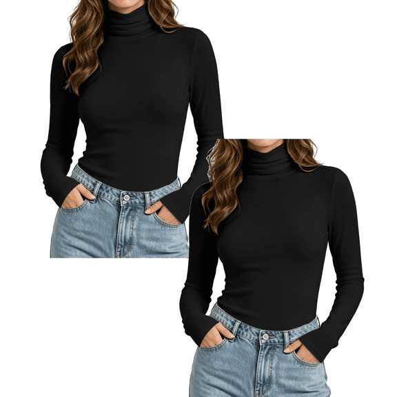 Jowdiw 2 Pack Women's Turtleneck Long Sleeve Tops Slim Fit Stretch Basic Layering Casual Tops Size S-XXL