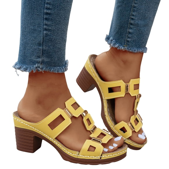 Dakaela Women's Fashion Heeled Sandals Open Toe Low Chunky Heels Dress Casual Pumps Summer Backless Slip on Mules Shoes Yellow 7