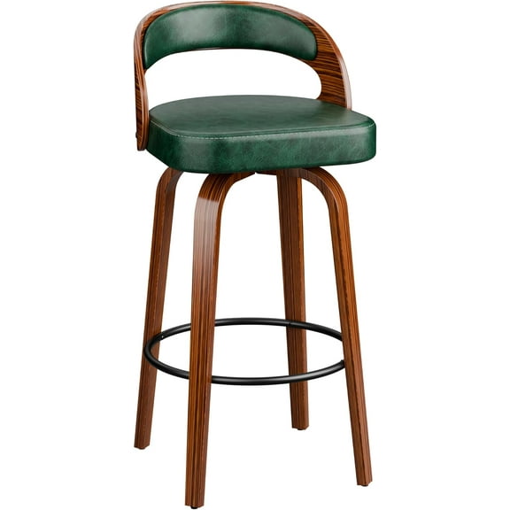 Bar Stools, Swivel Counter Height Bar Stools, Faux Leather Barstools with Solid Wood Back, Upholstered Modern Bar Chairs for Kitchen Island, Green