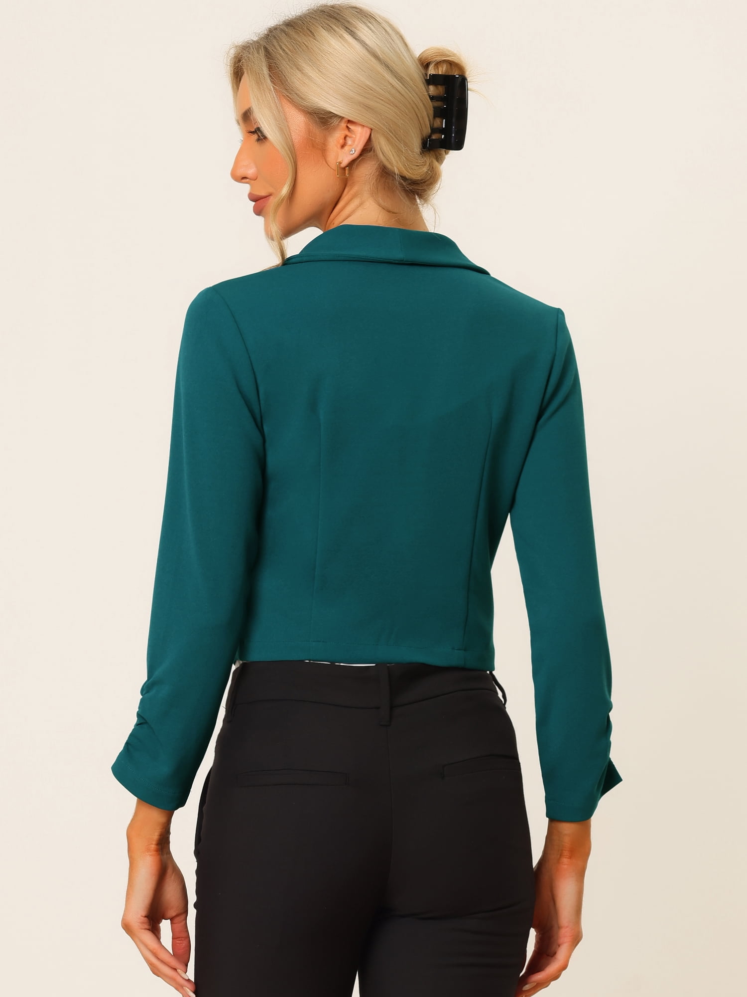 DARING DIVA Women's Notched Lapel Ruched Sleeve Crop Blazer XS Peacock Blue