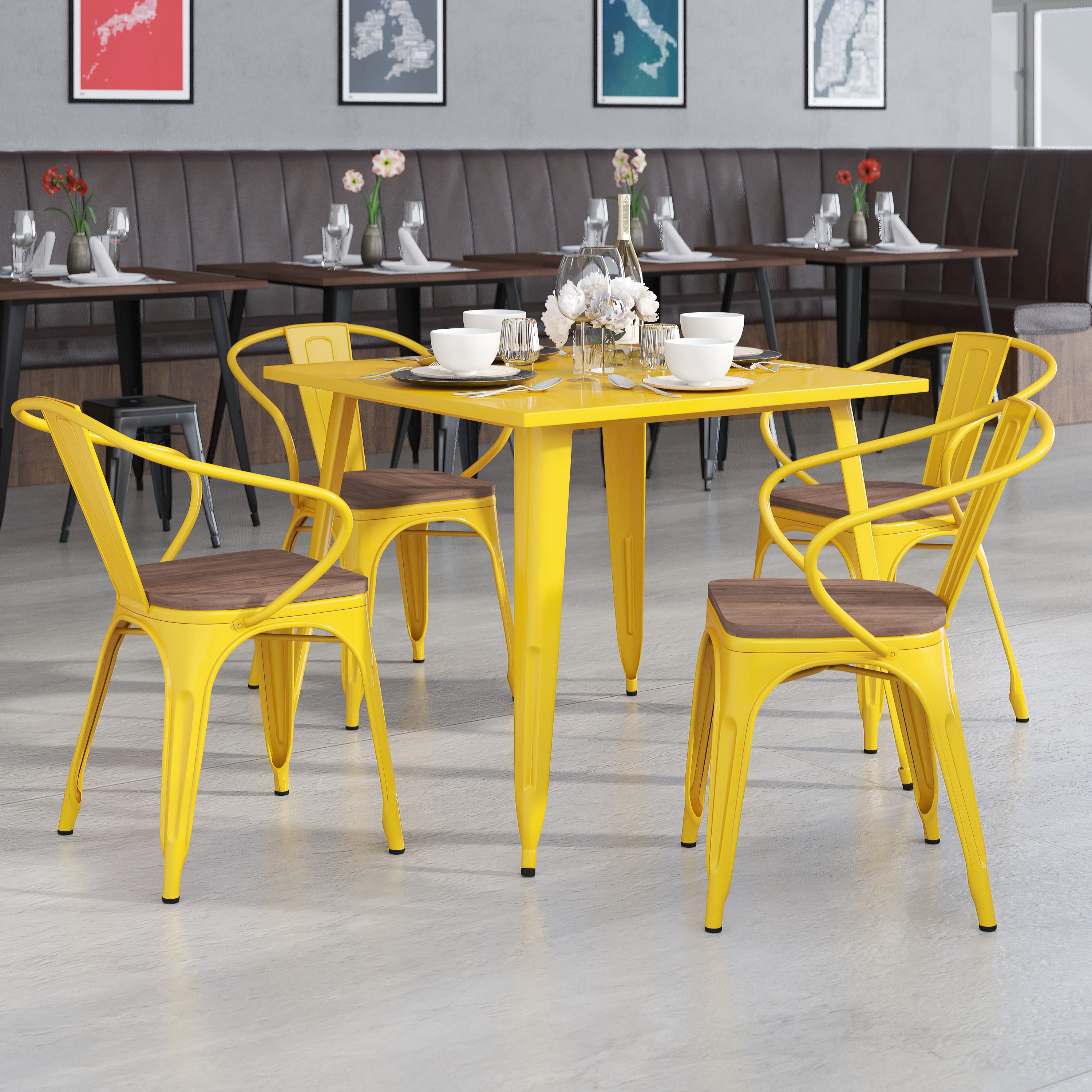 BizChair 4 Pk. Yellow Metal Chair with Wood Seat and Arms