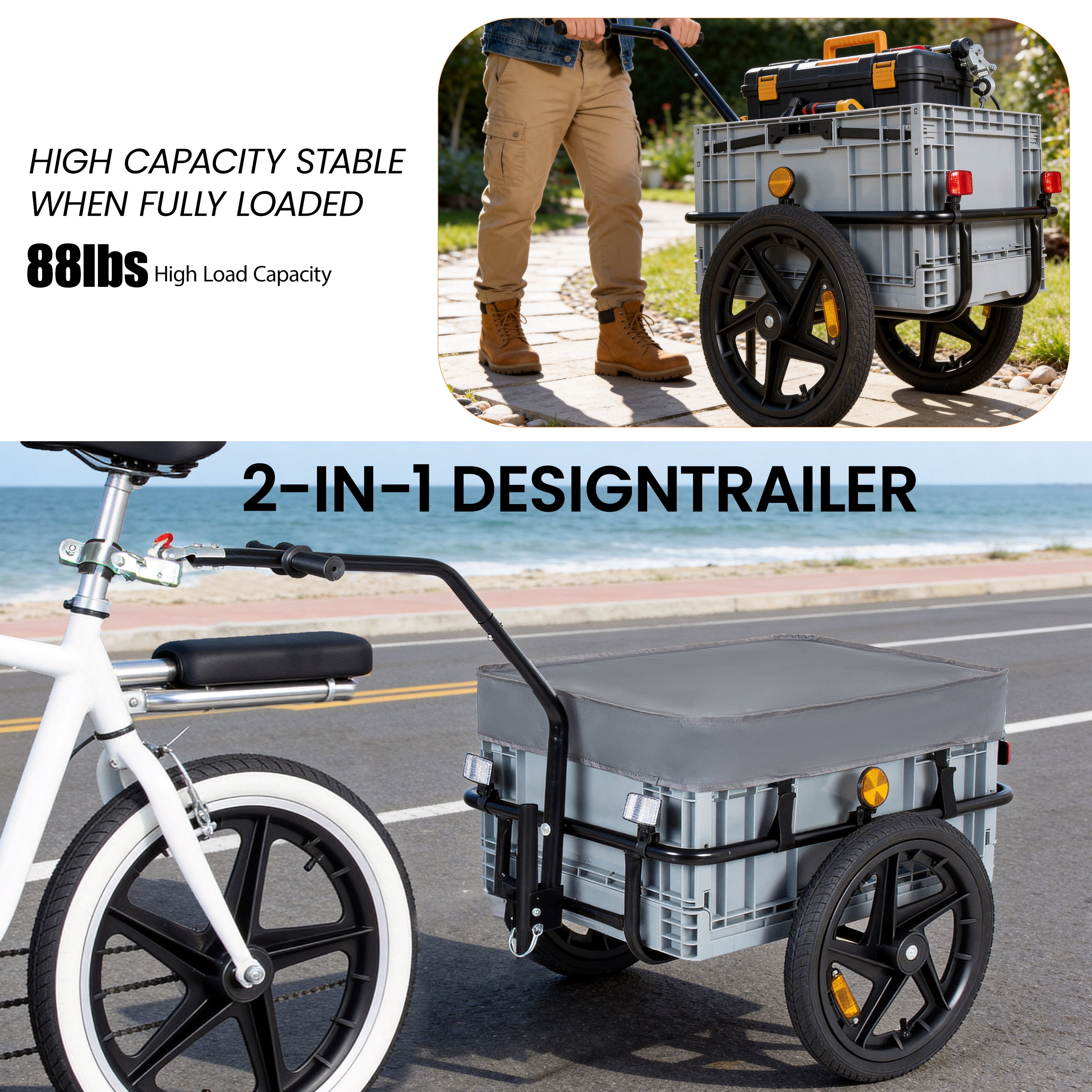 2 in 1 Bike Cargo Trailer with Foldable Storage Box, Removable & Waterproof Cover, Bicycle Trailer w/Quick Release 16" Wheels, 70L Large Capacity, Black+Gray