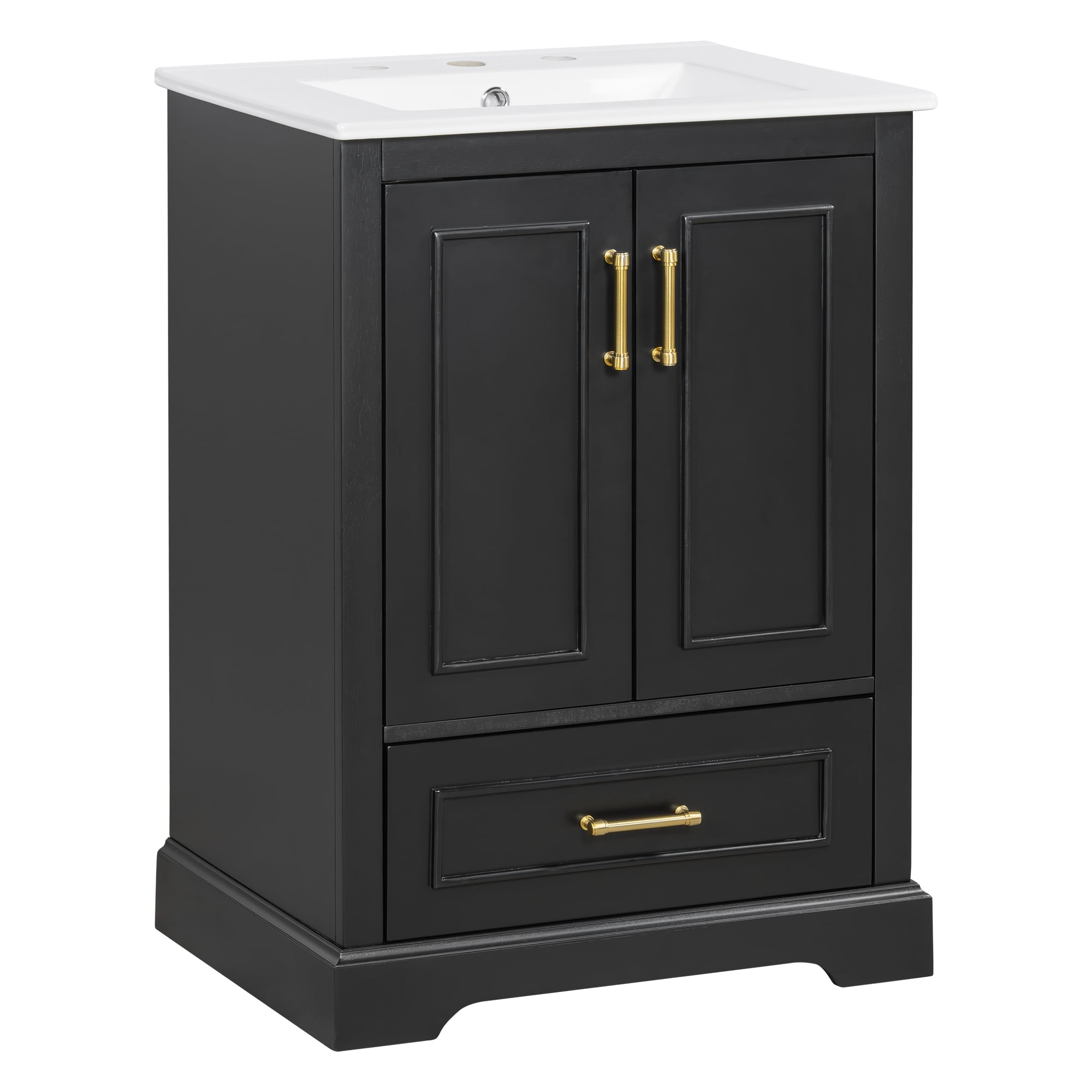 viswild 24" Bathroom Vanity with Sink, Freestanding Cabinet with Divided Drawer & Soft Close Doors, Door Storage Racks, Solid Wood Frame, Black