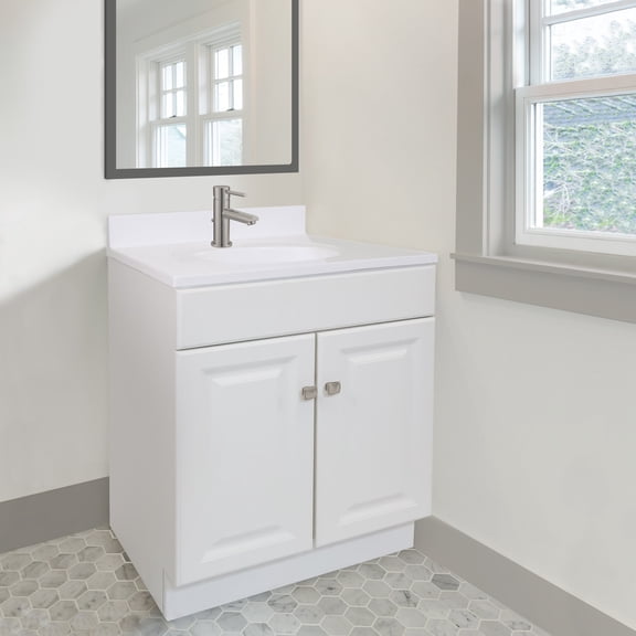 Design House 590984 Wyndham 2-Door Bathroom Vanity with Cultured Marble Single Hole Solid White Vanity Top, Unassembled, 31x22, White