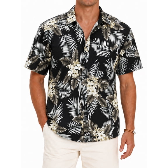 Sumtumn Hawaiian Shirt for Men,Summer Beach Short Sleeve Button Down Shirts Black Palm Clothing