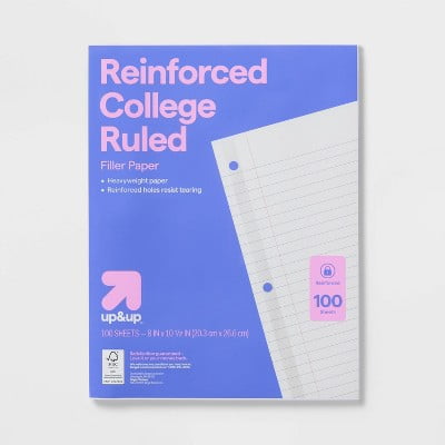 100ct College Ruled Reinforced Notebook Filler Paper - up&up: 10.5x8 Inches, Loose Leaf, 20 lb, White, 100 Sheets