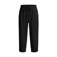 thumbnail image 3 of iHPH7 Capri Pants for Women Spring Summer Cotton Linen Straight Wide Leg Loose Drawstring Elastic Waist Cropped Trouser Black L, 3 of 4