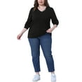 thumbnail image 2 of Plus Size Top for Women 3/4 Sleeve V Neck Button Decor Casual Solid Tees Shirts 1X Black, 2 of 6