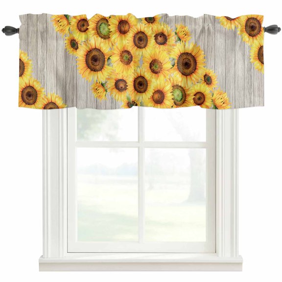 Country Sunflowers Window Valance Curtain Farmhouse Watercolor Floral Wood Plank Rod Pocket Valance for Windows Short Curtain for Living Room, Bedroom & Kitchen Window Decor 42x18in
