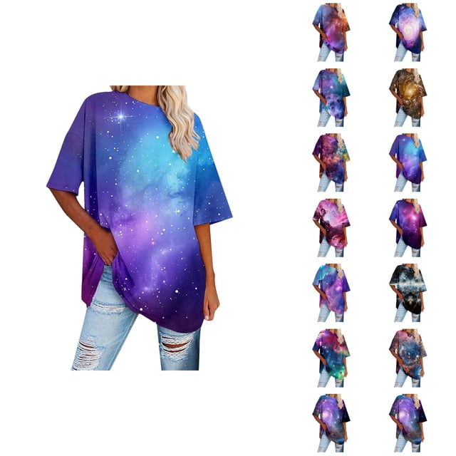 Galaxy T-Shirts pour Femmes 2026 Mode Été Manches Courtes Col Rond Étoile Ciel Espace T-Shirts Graphiques