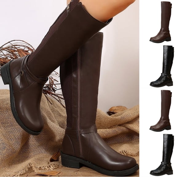 Women's Stretch Knee High Riding Boots, Side Zipper Round Toe Faux Leather Buckle Decor Low Block Heel Tall Boots, Fashion Shoes Brown 9(43)