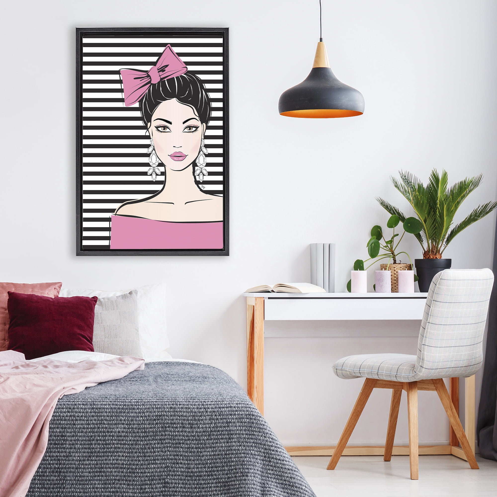 Stupell Industries Girl with Pink Bow & Earrings Black Framed Floater Canvas Wall Art, design by Martina Pavlova