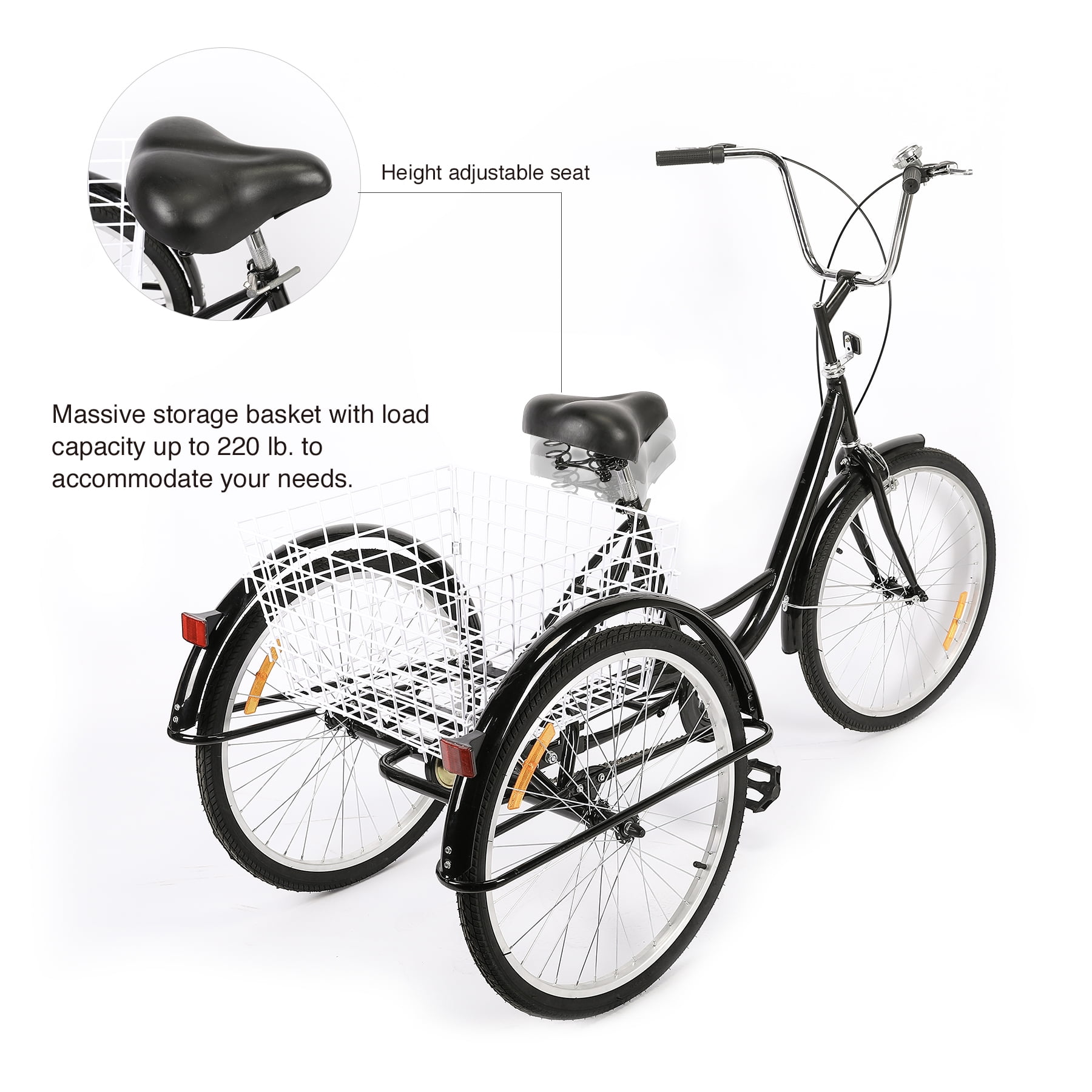 24" Adult Tricycle w/ Basket Brake & Fenders for Shopping & Outing, Black