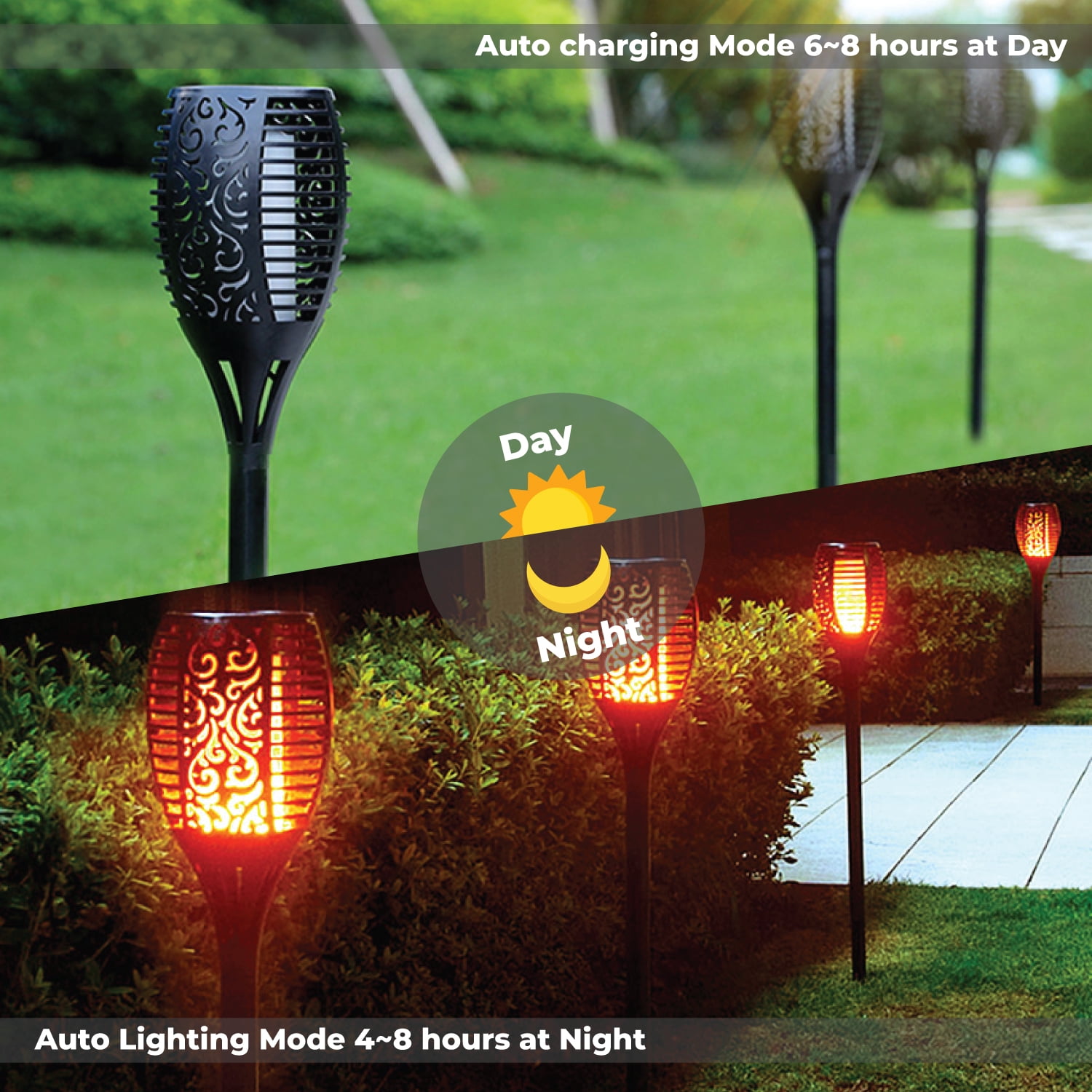 XODO Waterproof Solar Lights with Flickering Flame Design, Outdoor Lights for Yard and Patio, 4 Pack