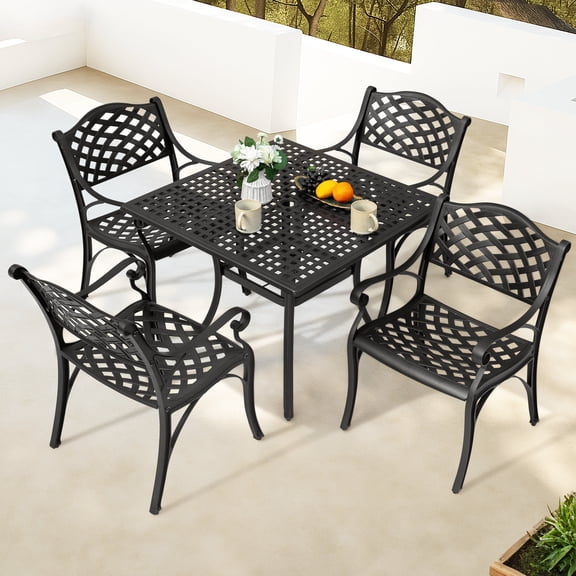Nuu Garden Cast Aluminum 5-Piece Patio Dining Set with Umbrella Hole, Outdoor Table and Wide Seat Chairs Set for 4, All Weather Patio Furniture Set for Garden Deck Backyard Balcony Poolside, Black
